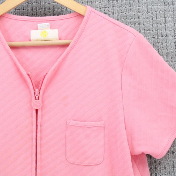 Stan Herman Terry Short Sleeve Zip Short Robe Womens Large L Pink Solid Full Zip - Picture 2 of 10